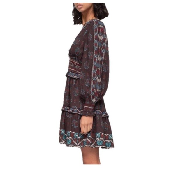 NWT SEA NY Ellabeth Size 8 Boho V-Neck Brown Cotton Blend Long Sleeve Dress  New - Picture 4 of 16